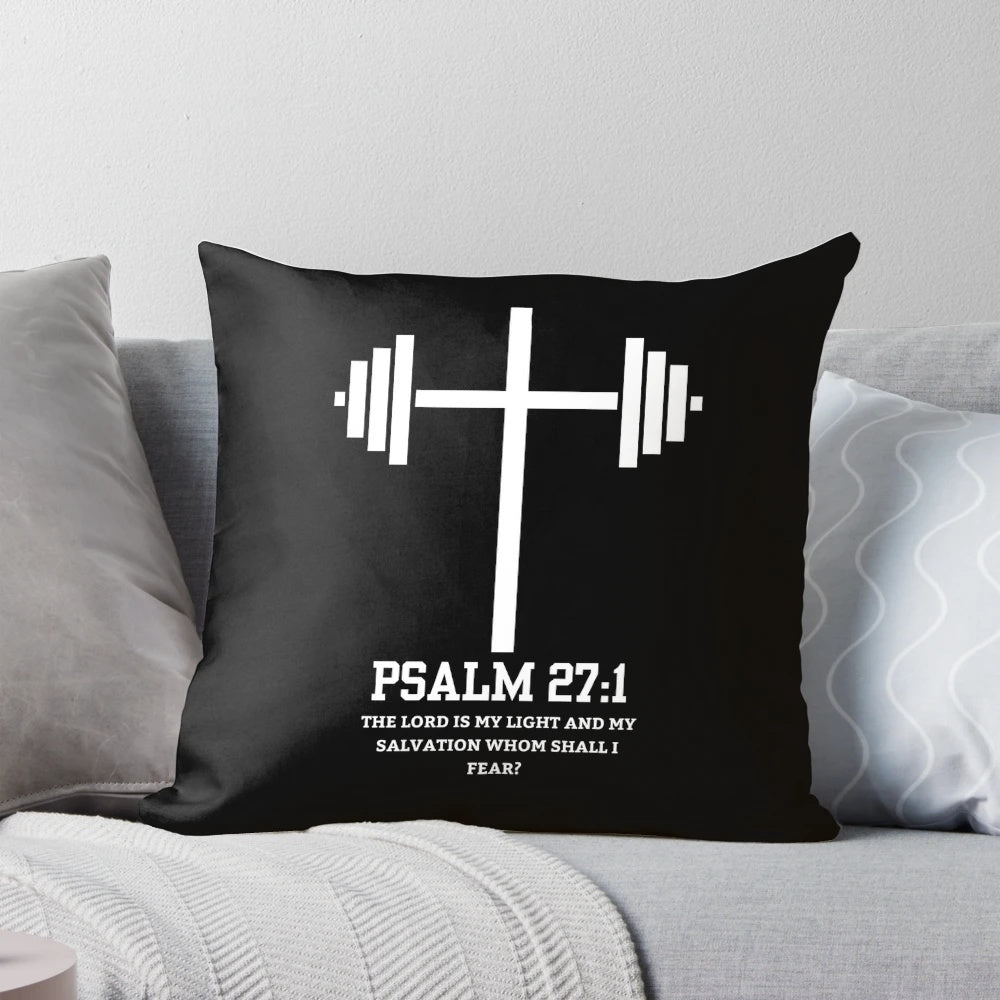 Gym pillow with a motivational and Christian-themed design, featuring a Bible verse.