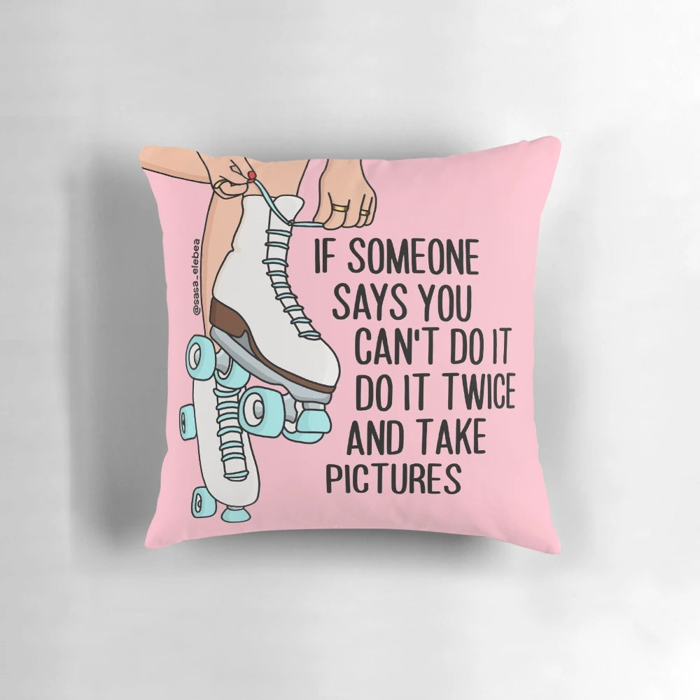 Motivational pillow with the text "Do it Twice" against a colorful abstract background