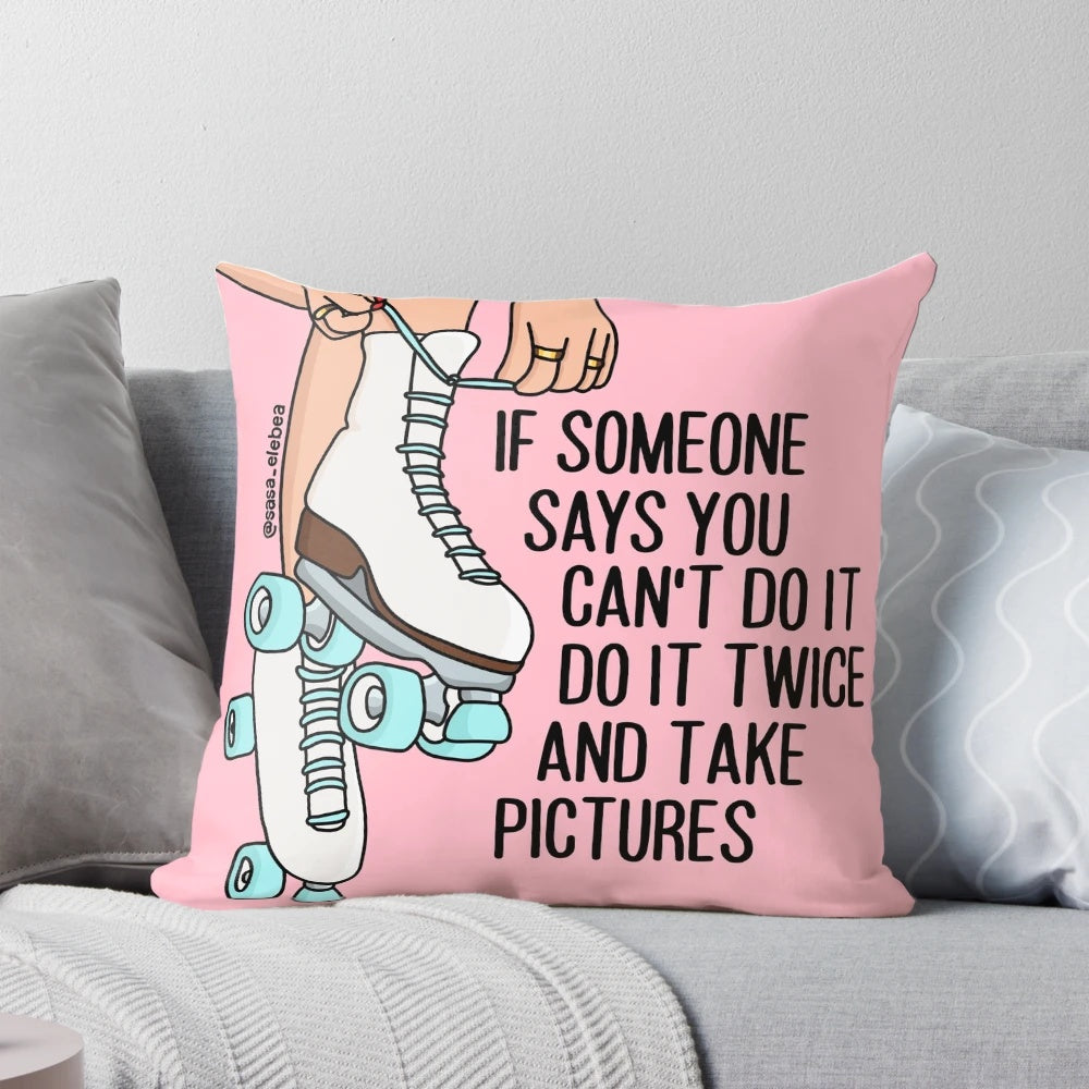 Motivational pillow with the text "Do it Twice" against a colorful abstract background