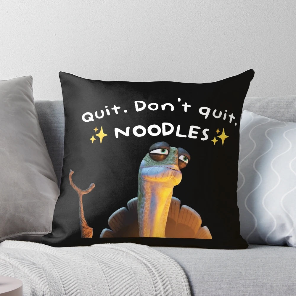 Kung Fu Panda Oogway quote "Quit. Don't quit. Noodles." printed on a plush, decorative pillow