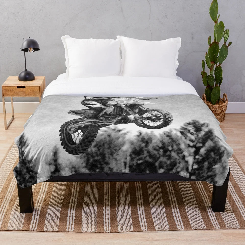 Motocross racer plush blanket featuring a dirt bike rider in action