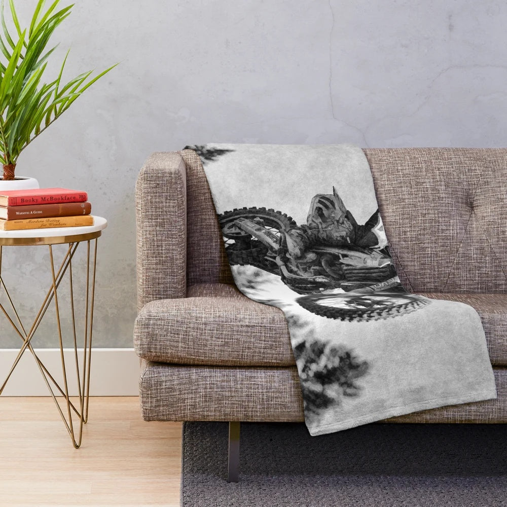 Motocross racer plush blanket featuring a dirt bike rider in action