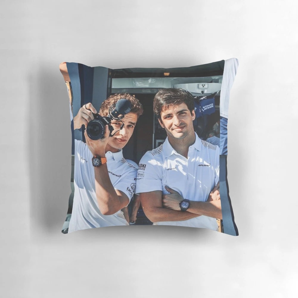 Lando Norris and Carlos Sainz Formula 1 racing pillow with McLaren team colors