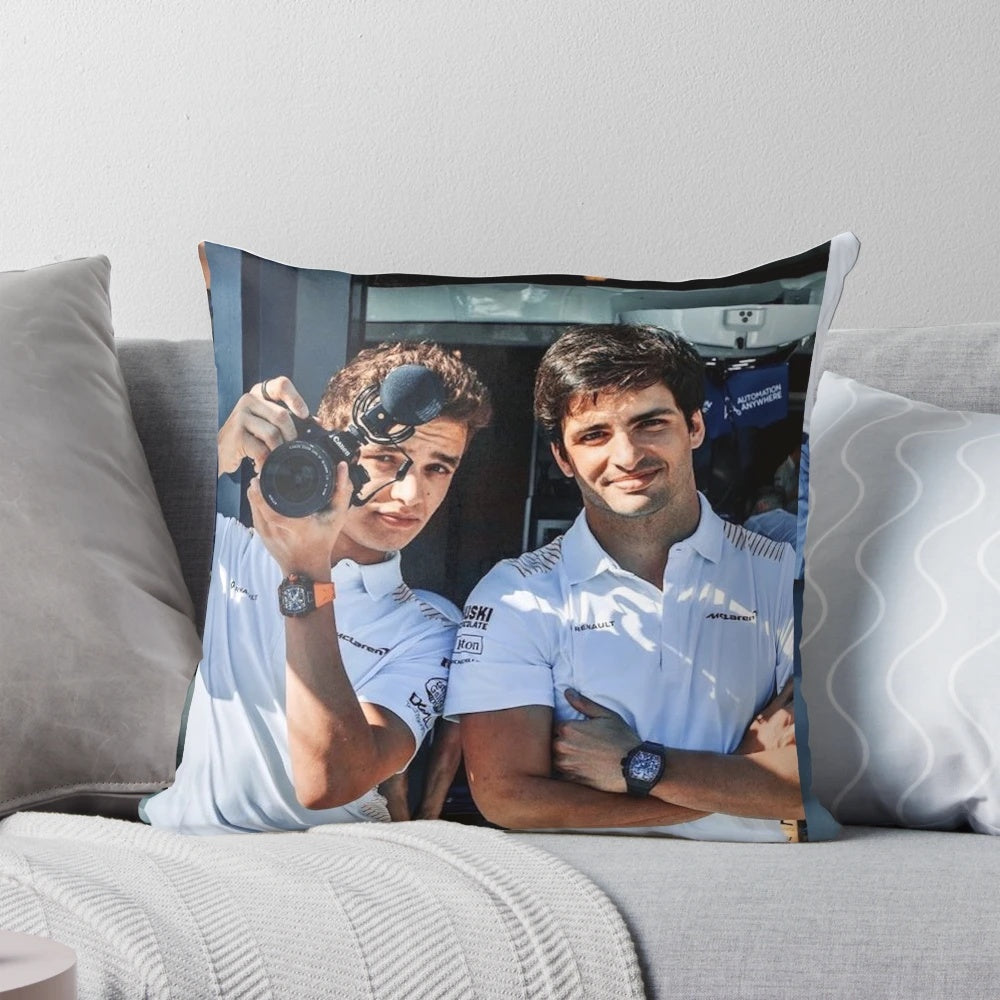 Lando Norris and Carlos Sainz Formula 1 racing pillow with McLaren team colors