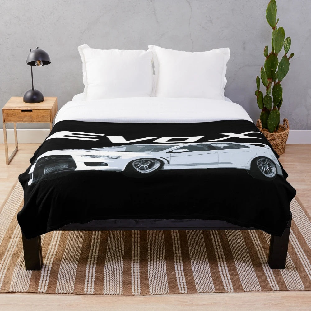 Plush blanket featuring the Evo X Wicked White RPF1 design