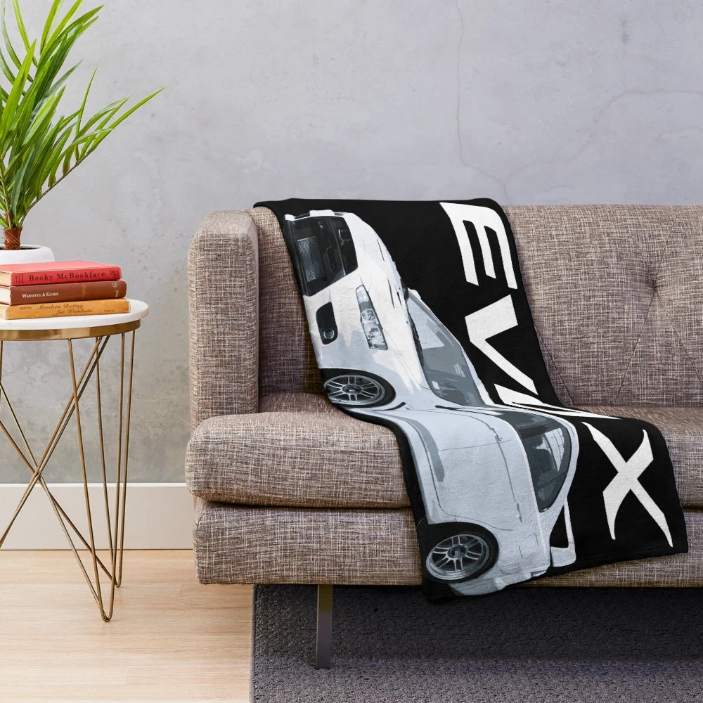 Plush blanket featuring the Evo X Wicked White RPF1 design