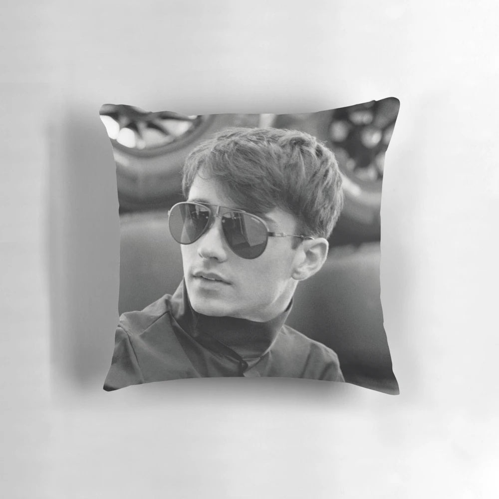 Stylized illustration of Formula 1 driver Charles Leclerc on a decorative pillow