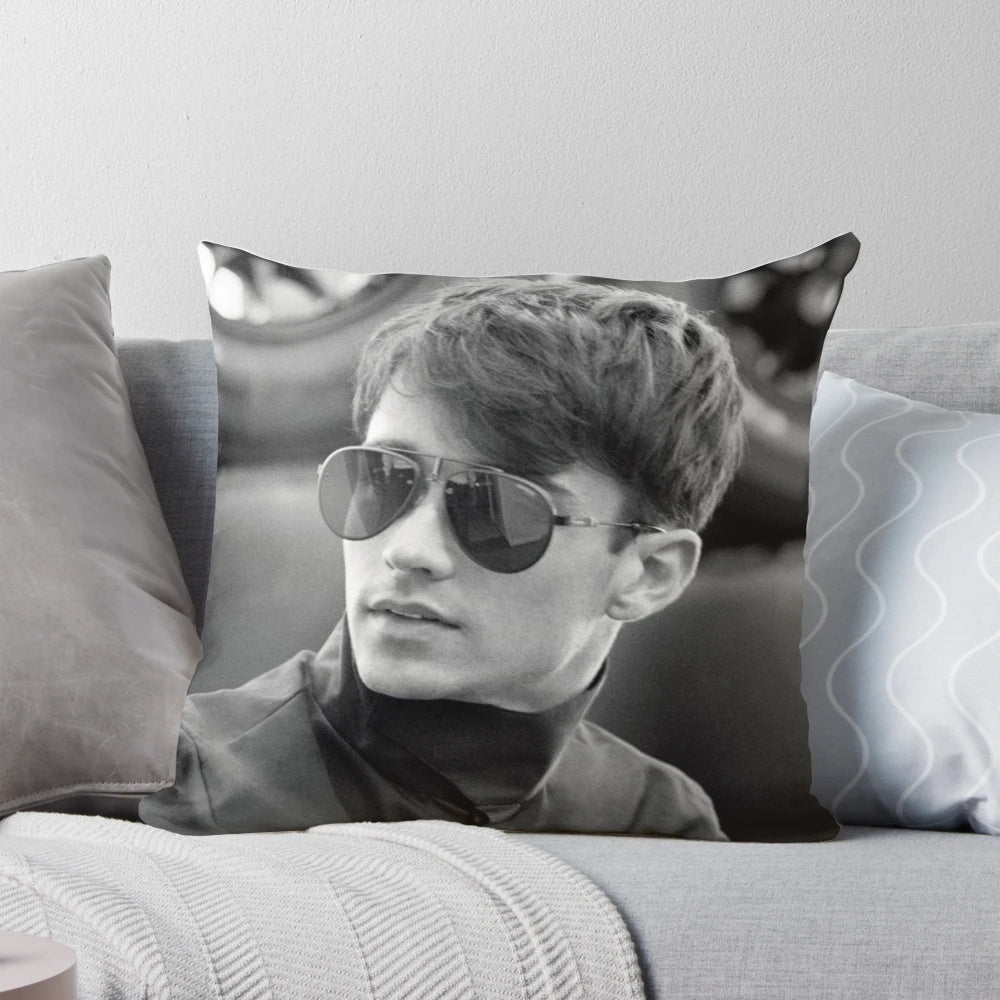 Stylized illustration of Formula 1 driver Charles Leclerc on a decorative pillow