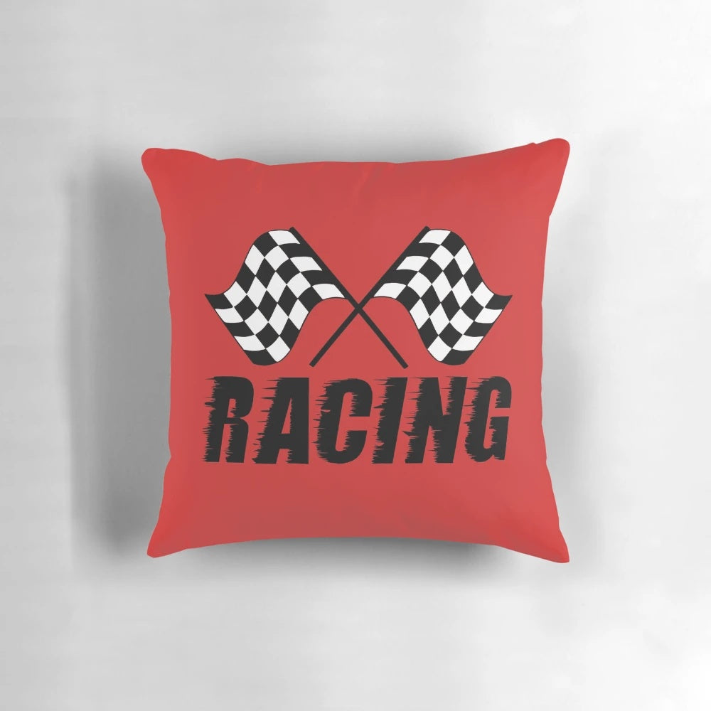 A decorative pillow featuring a high-quality checkered flag car decal design, perfect for racing fans and motorsports enthusiasts.