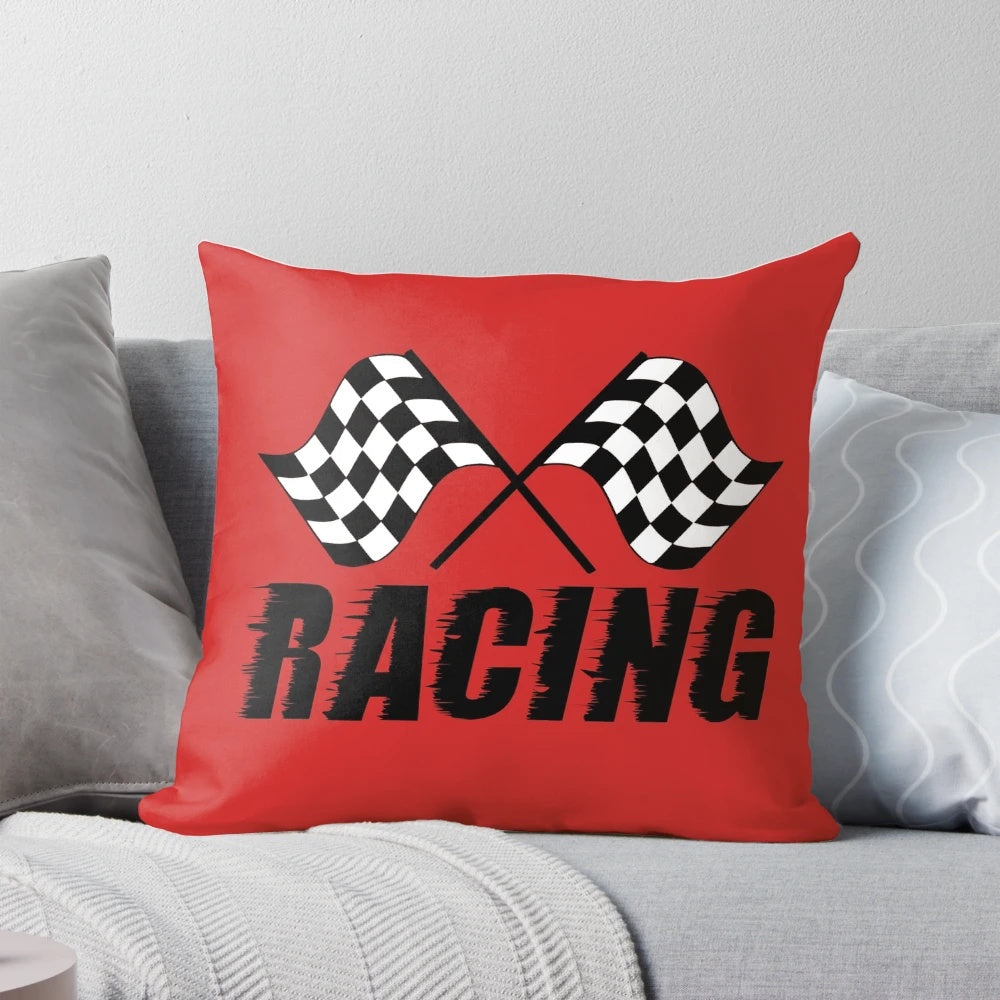 A decorative pillow featuring a high-quality checkered flag car decal design, perfect for racing fans and motorsports enthusiasts.
