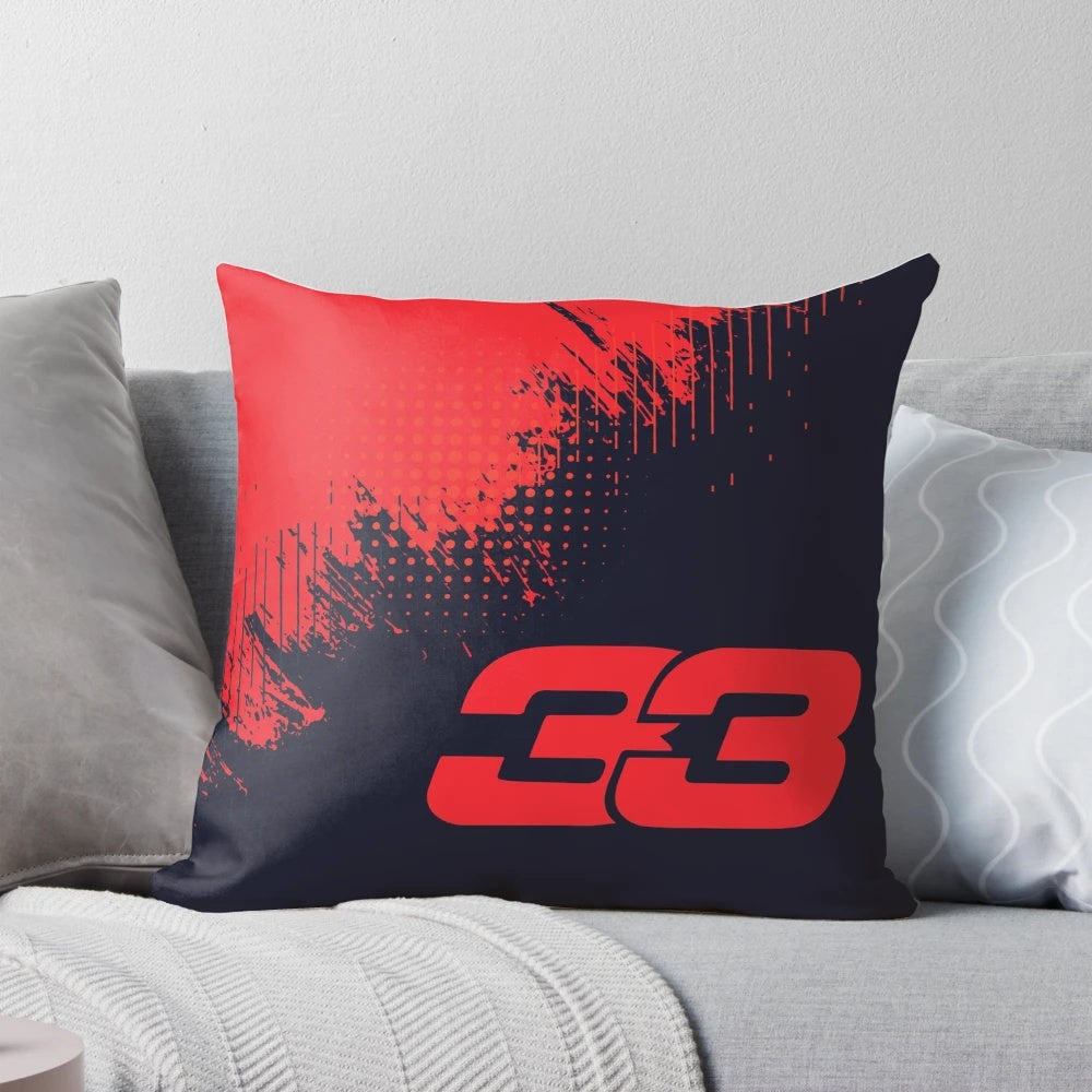 A stylish and comfortable pillow featuring the iconic #33 of Formula 1 driver Max Verstappen, perfect for any racing fan's home decor.
