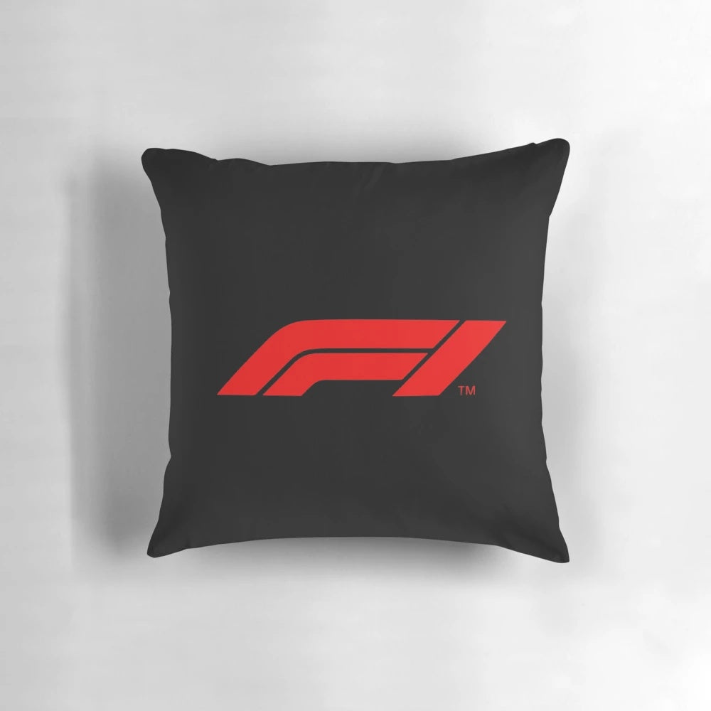 Motorsports enthusiast's racing pillow with Formula One and auto racing design