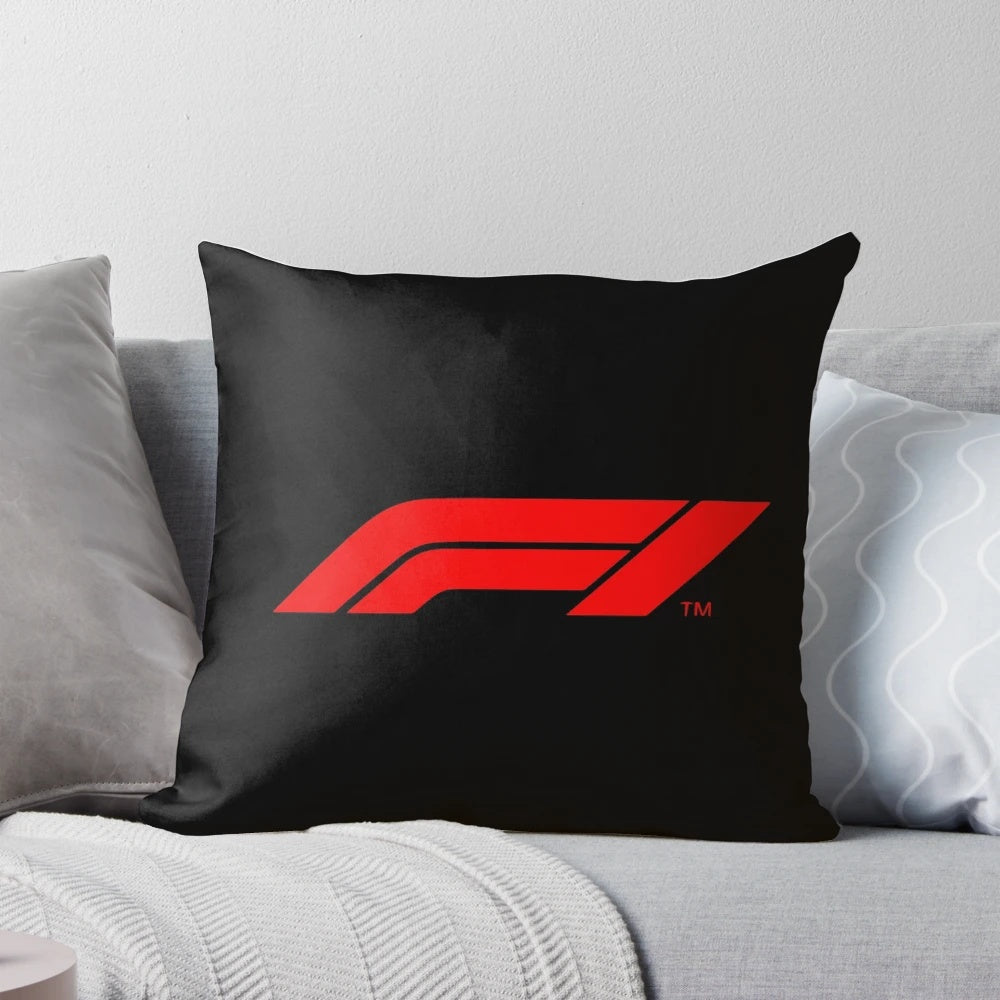Motorsports enthusiast's racing pillow with Formula One and auto racing design