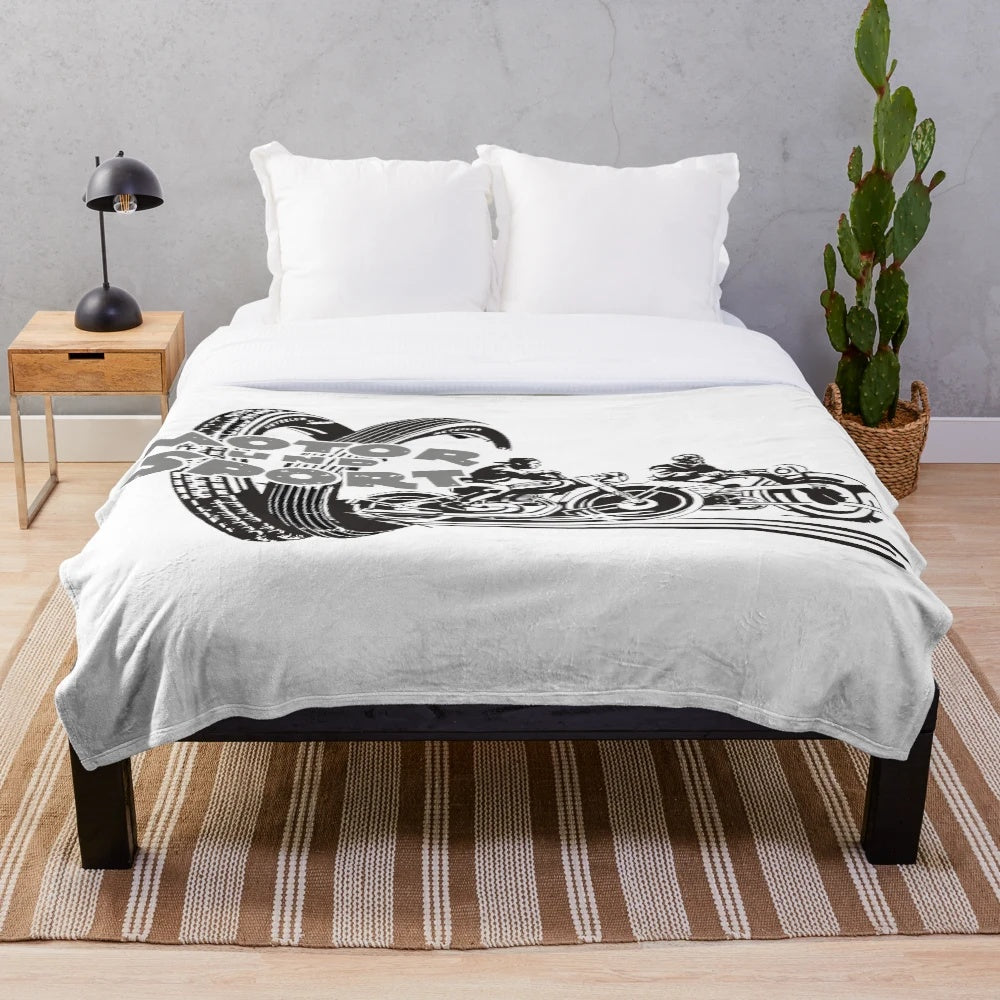 Motorsports-themed plush blanket featuring vintage car, engine, and motorcycle elements