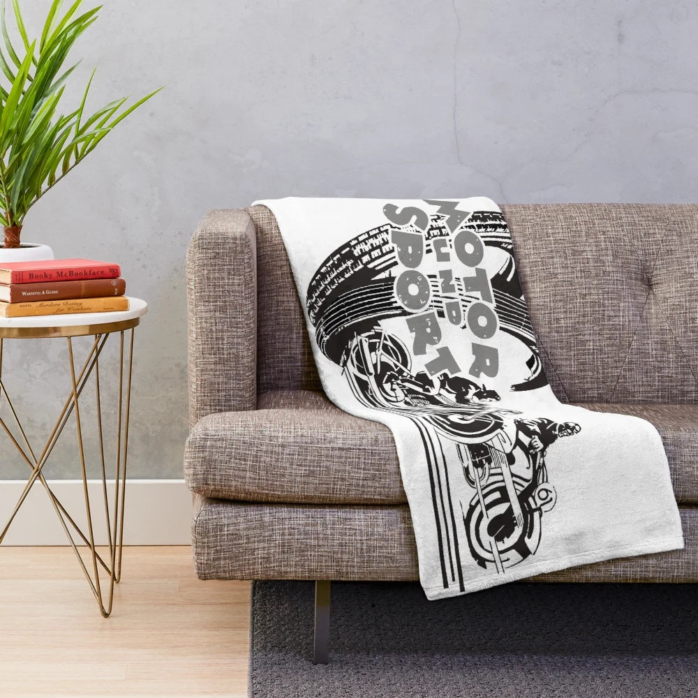 Motorsports-themed plush blanket featuring vintage car, engine, and motorcycle elements