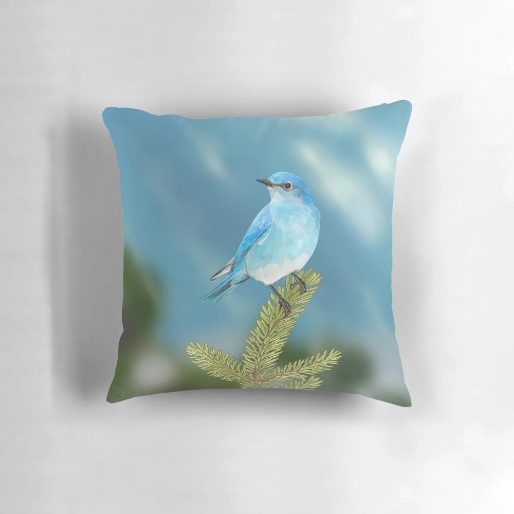 Exquisite mountain bluebird painting on a plush, high-quality pillow for bird enthusiasts and nature lovers.
