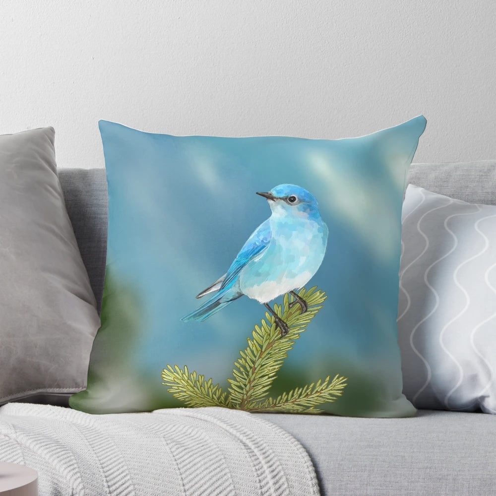 Exquisite mountain bluebird painting on a plush, high-quality pillow for bird enthusiasts and nature lovers.