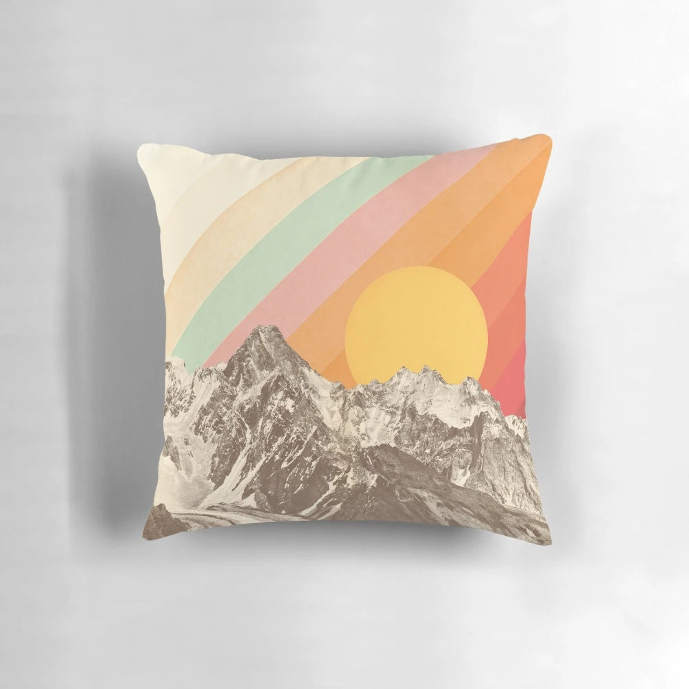 Vibrant mountainscape graphic design on a cozy decorative pillow