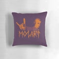 A black and white pillow featuring the image of classical composer Wolfgang Amadeus Mozart with a heavy metal flair.
