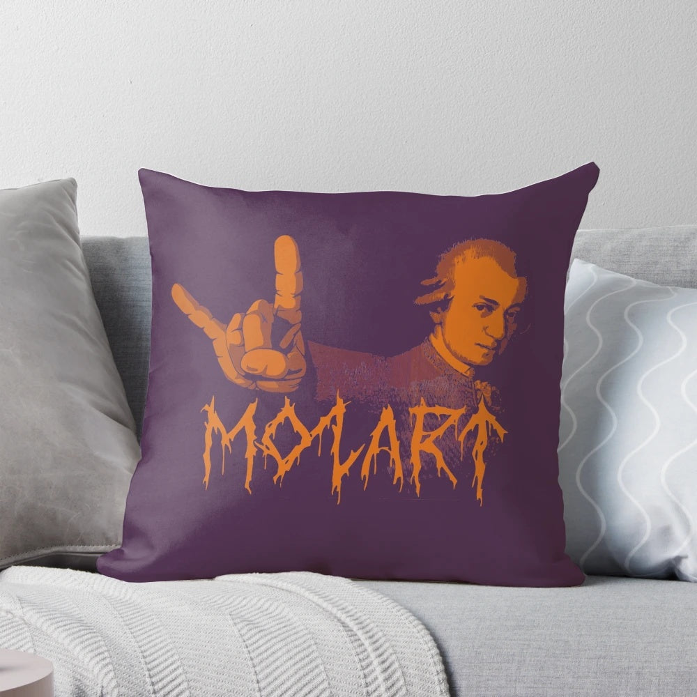 A black and white pillow featuring the image of classical composer Wolfgang Amadeus Mozart with a heavy metal flair.