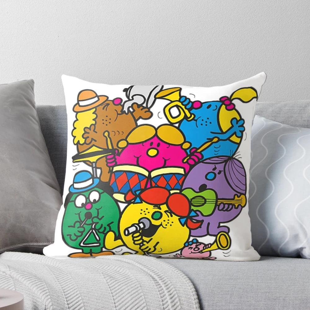 Colorful Mr. Men Little Miss Retro Music Jam Time Chibi Design Pillow for Kids