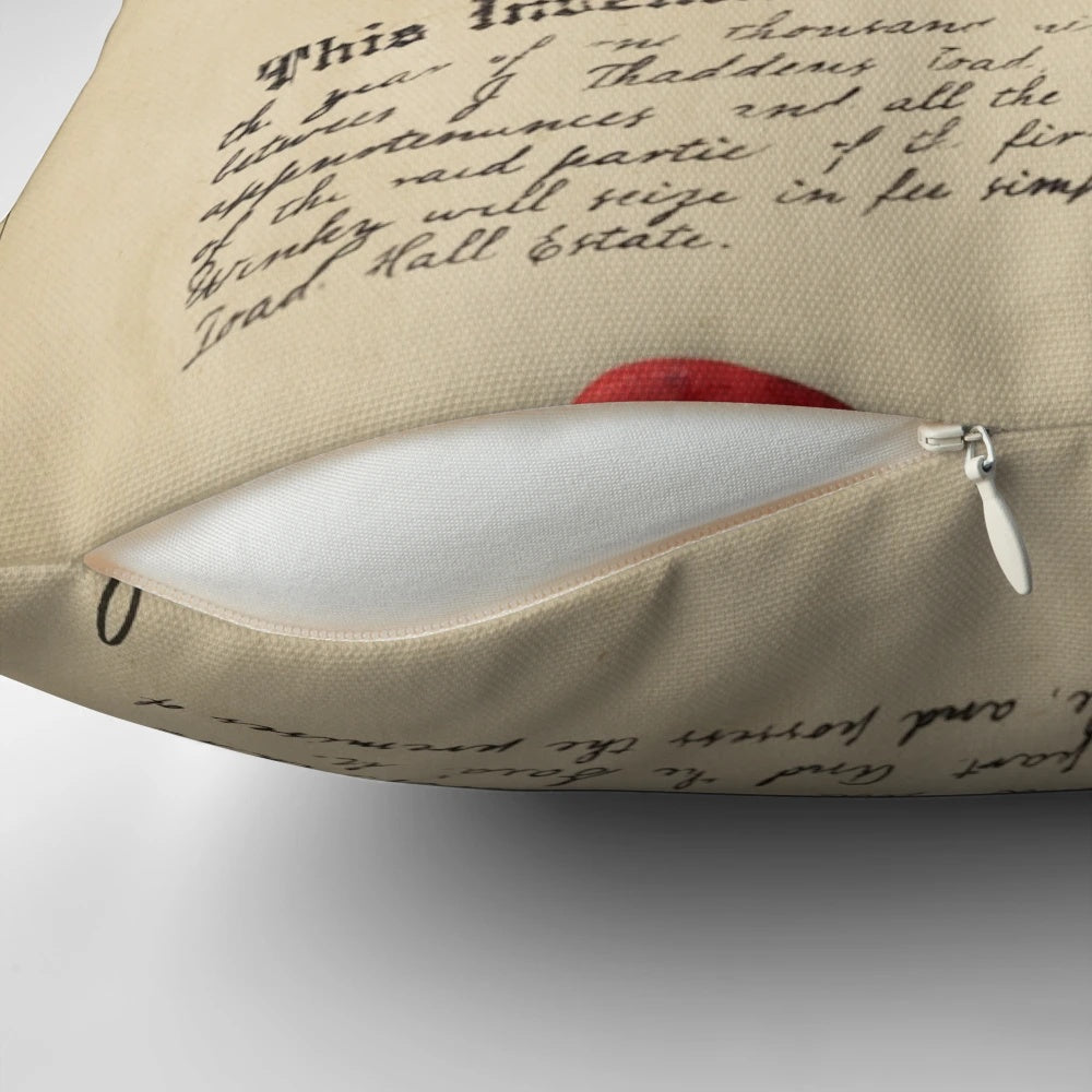 Decorative pillow featuring the deed to Toad Hall from the story of Mr. Toad