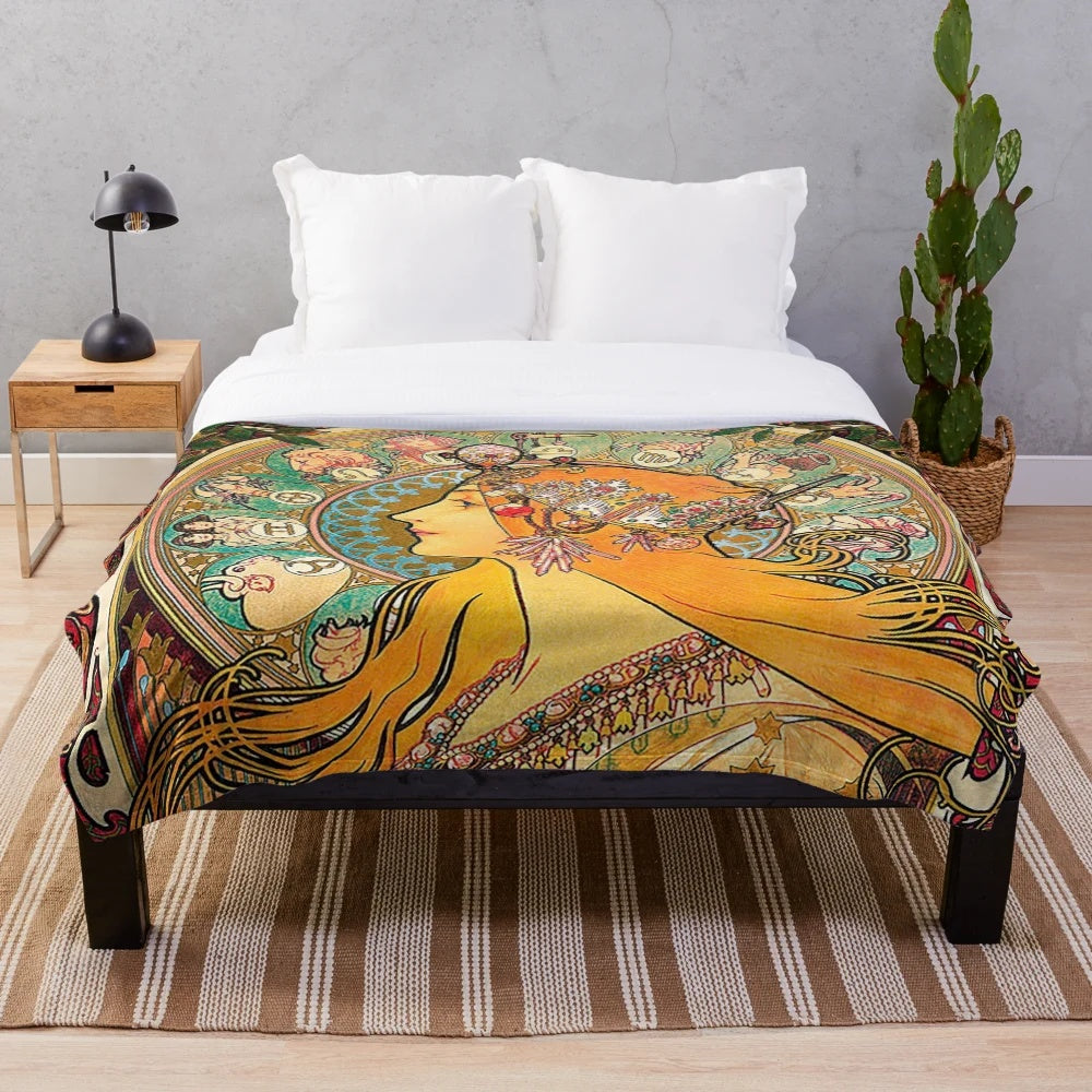 Mucha-inspired zodiac plush blanket with ornamental, symbolic design