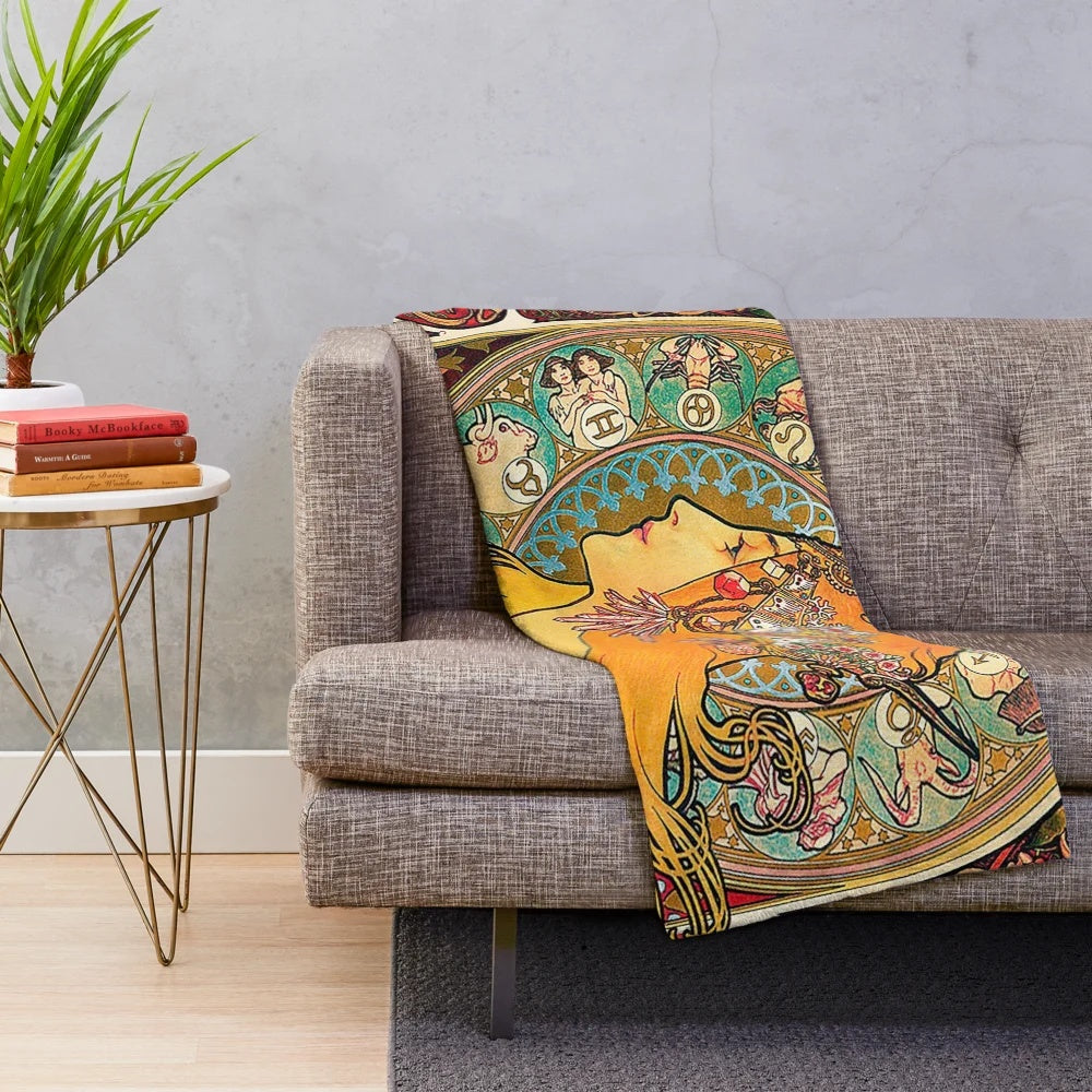 Mucha-inspired zodiac plush blanket with ornamental, symbolic design