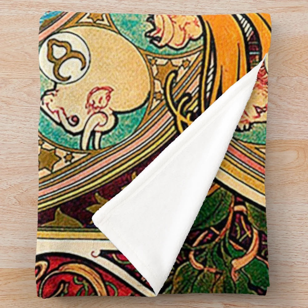 Mucha-inspired zodiac plush blanket with ornamental, symbolic design