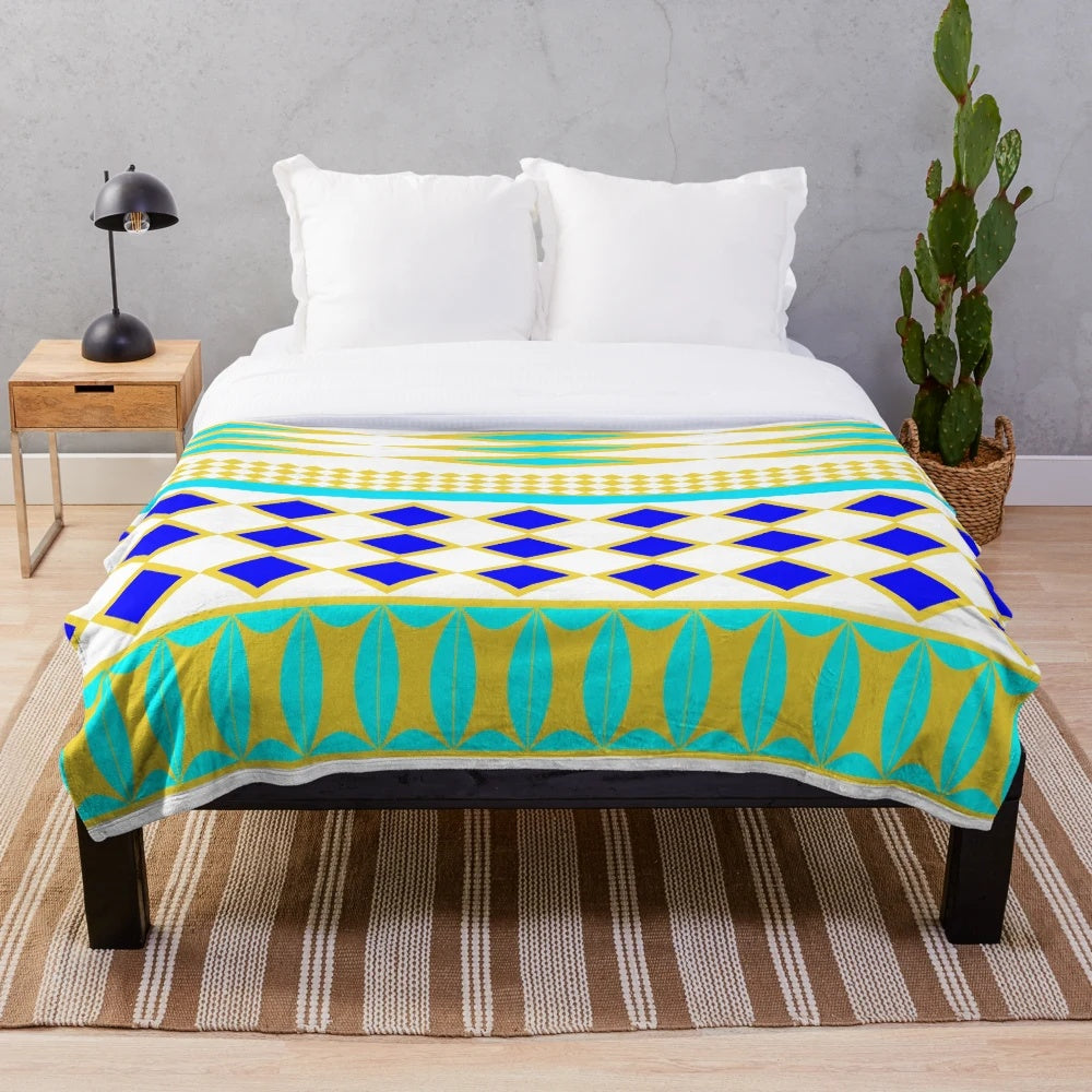 Multicolor abstract geometric plush blanket with animal watering hole pattern