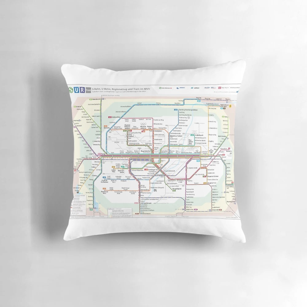 Munich MVV metro, subway, and regional train network map printed on a soft, comfortable pillow.