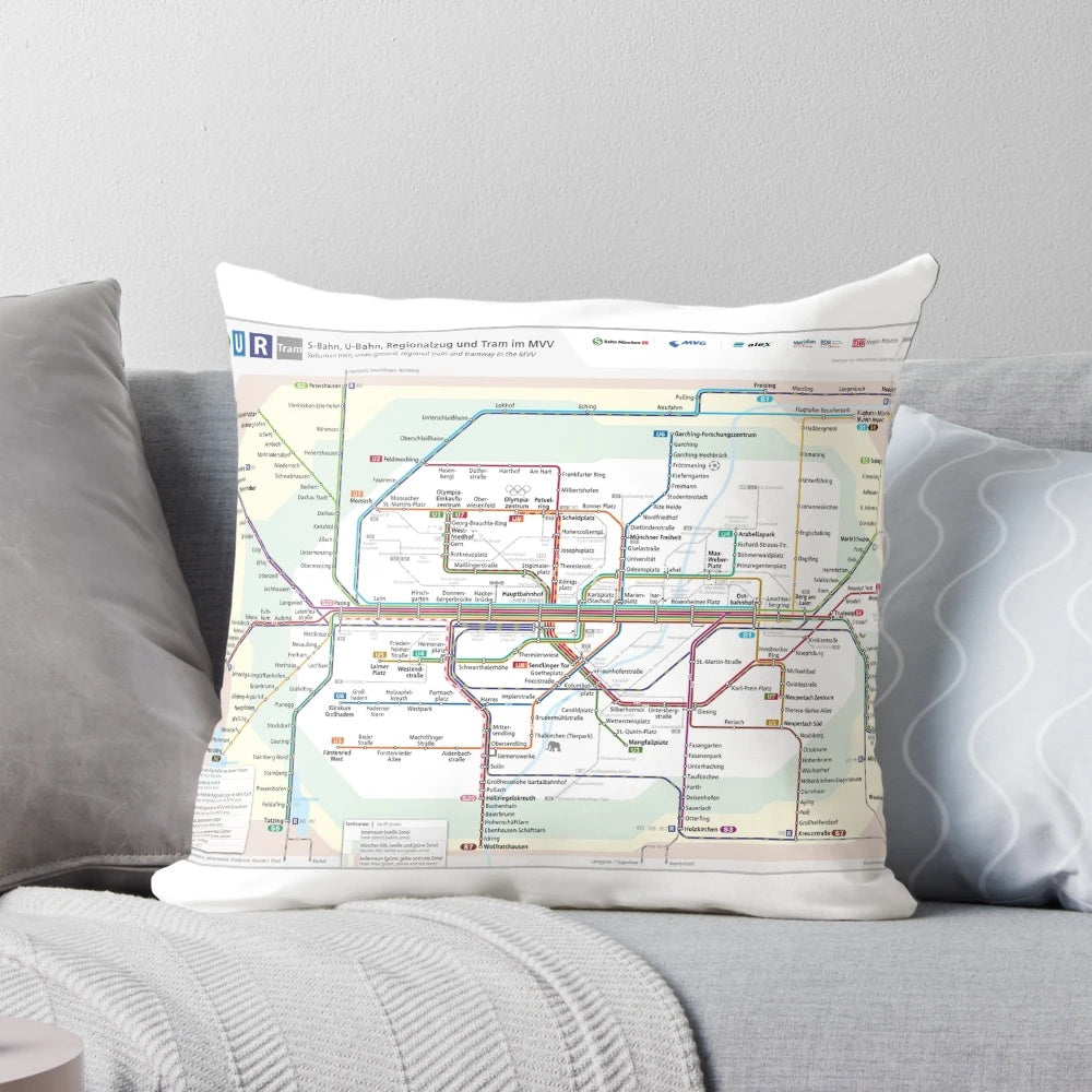 Munich MVV metro, subway, and regional train network map printed on a soft, comfortable pillow.