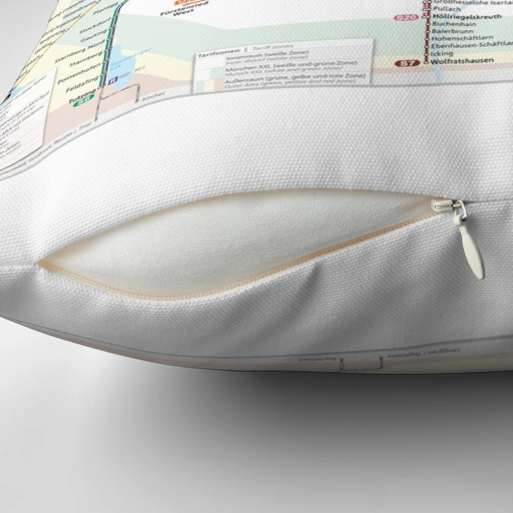 Munich MVV metro, subway, and regional train network map printed on a soft, comfortable pillow.