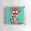 Decorative throw pillow featuring vibrant fan art of Pepe the King Prawn from the Muppets