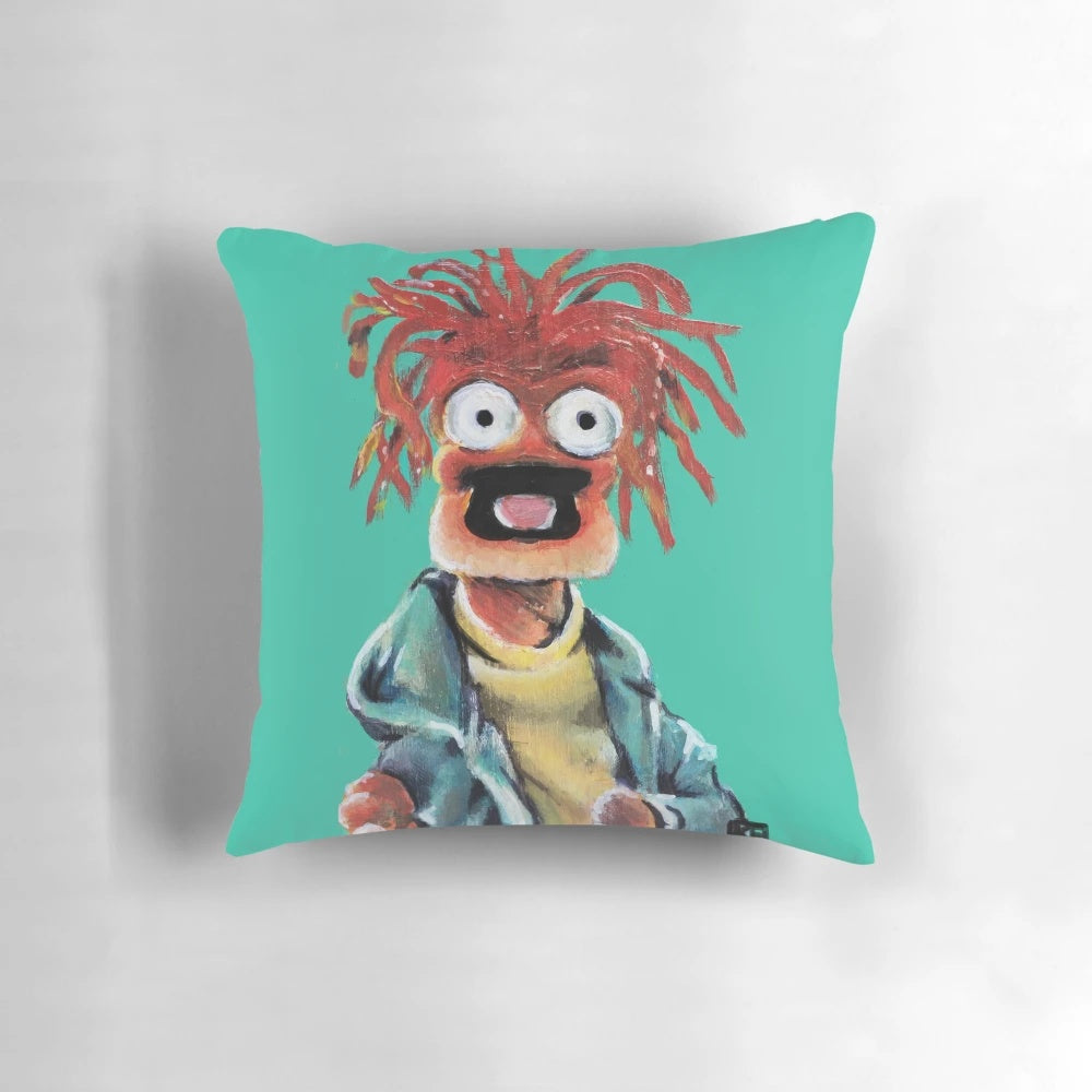 Decorative throw pillow featuring vibrant fan art of Pepe the King Prawn from the Muppets