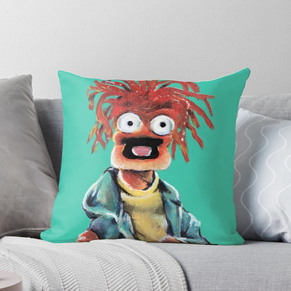 Decorative throw pillow featuring vibrant fan art of Pepe the King Prawn from the Muppets
