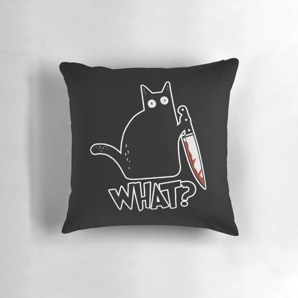 Murderous black cat with a knife, a premium pillow for cat enthusiasts.