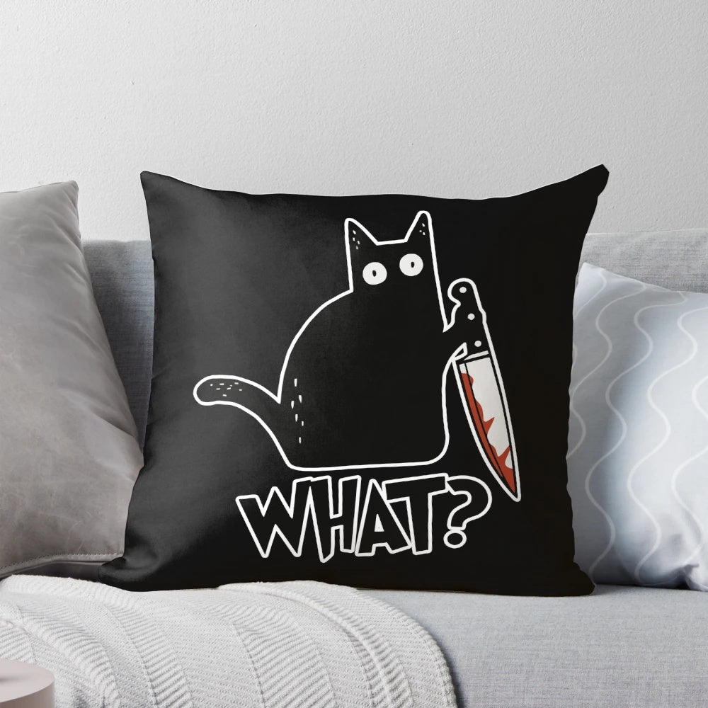 Murderous black cat with a knife, a premium pillow for cat enthusiasts.
