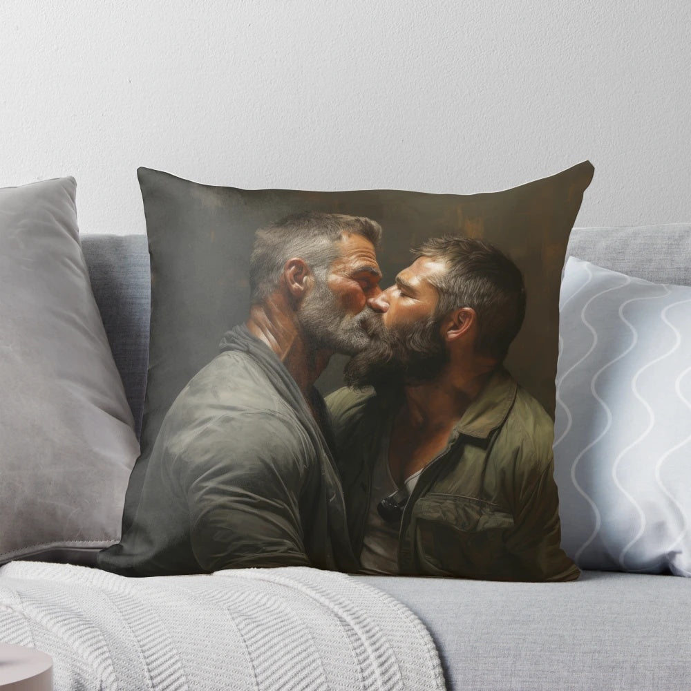 Muscle bear oil painting pillow featuring a strong, muscular man with a beard