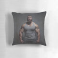 Pillow featuring a realistic oil painting of a muscular, bearded "muscle bear" man.