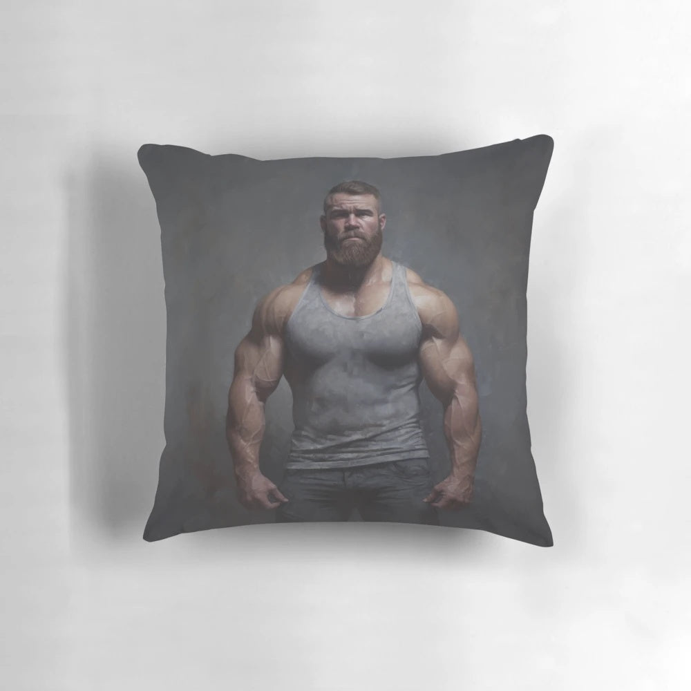 Pillow featuring a realistic oil painting of a muscular, bearded "muscle bear" man.