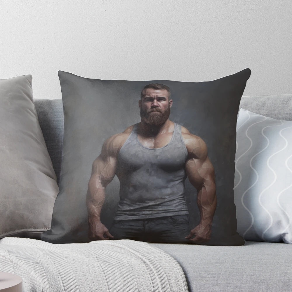 Pillow featuring a realistic oil painting of a muscular, bearded "muscle bear" man.