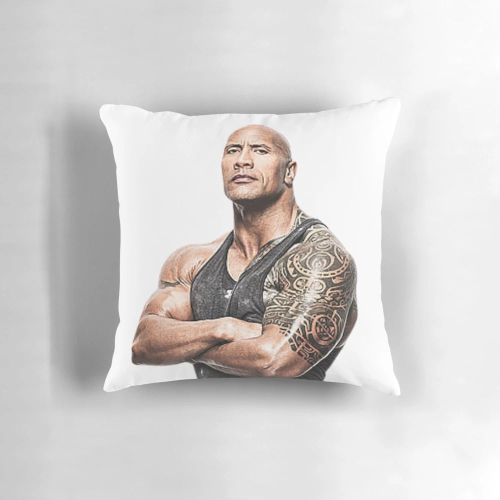 Decorative throw pillow featuring a muscular design inspired by Dwayne "The Rock" Johnson