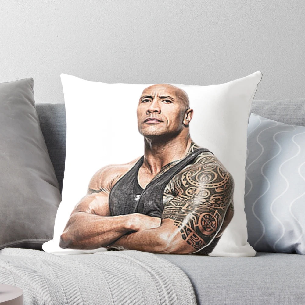 Decorative throw pillow featuring a muscular design inspired by Dwayne "The Rock" Johnson
