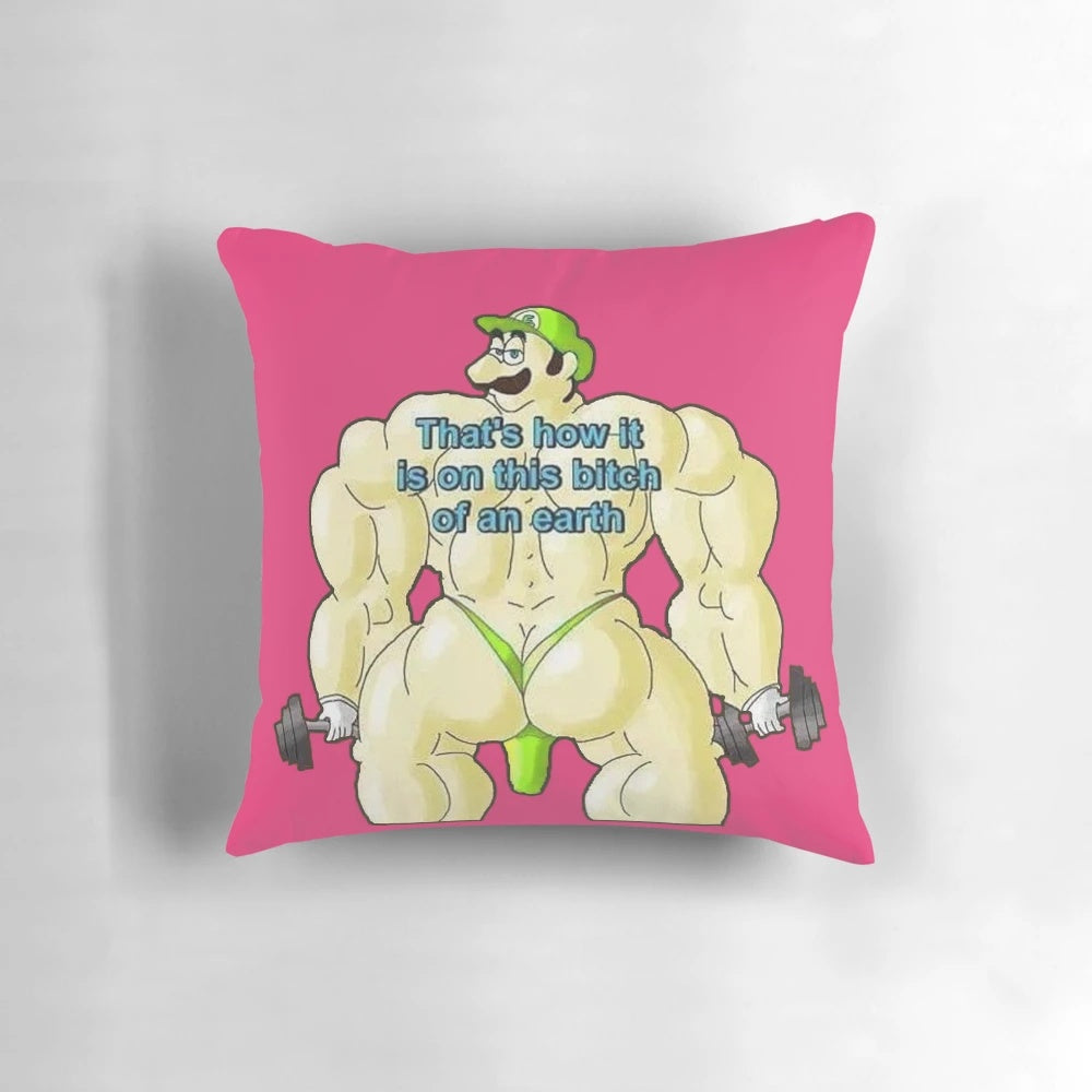 A plush, decorative pillow featuring a muscular, mustachioed Italian plumber graphic.