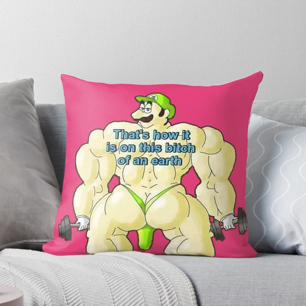 A plush, decorative pillow featuring a muscular, mustachioed Italian plumber graphic.