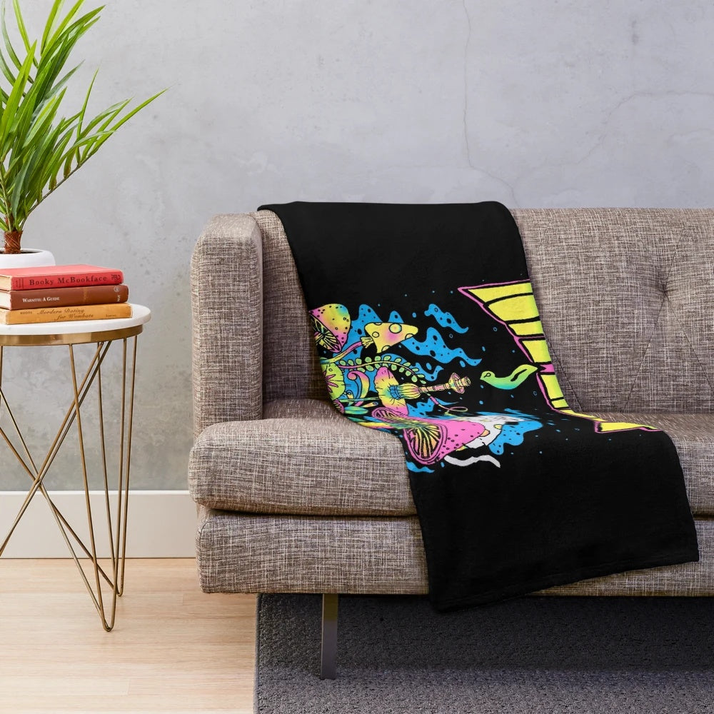 Mushroom forest themed plush blanket with cartoon graphic design