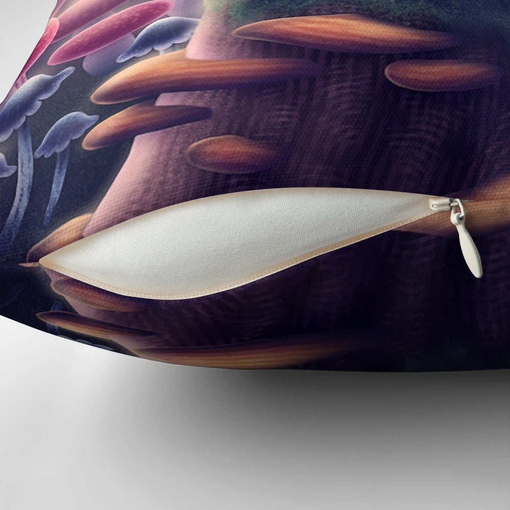 Decorative pillow featuring a whimsical mushroom design, perfect for fantasy gaming fans.