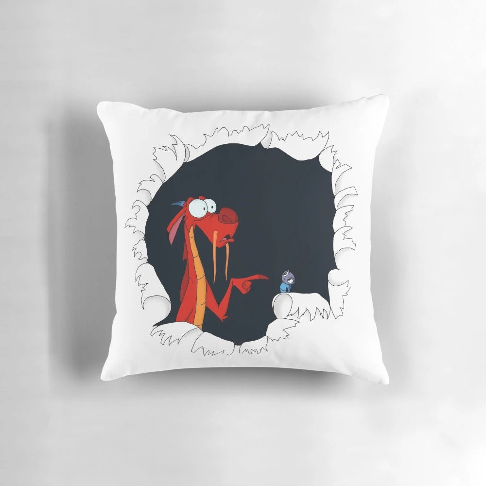 Soft and plush Mushu the Chinese dragon pillow with a funny, comedic design