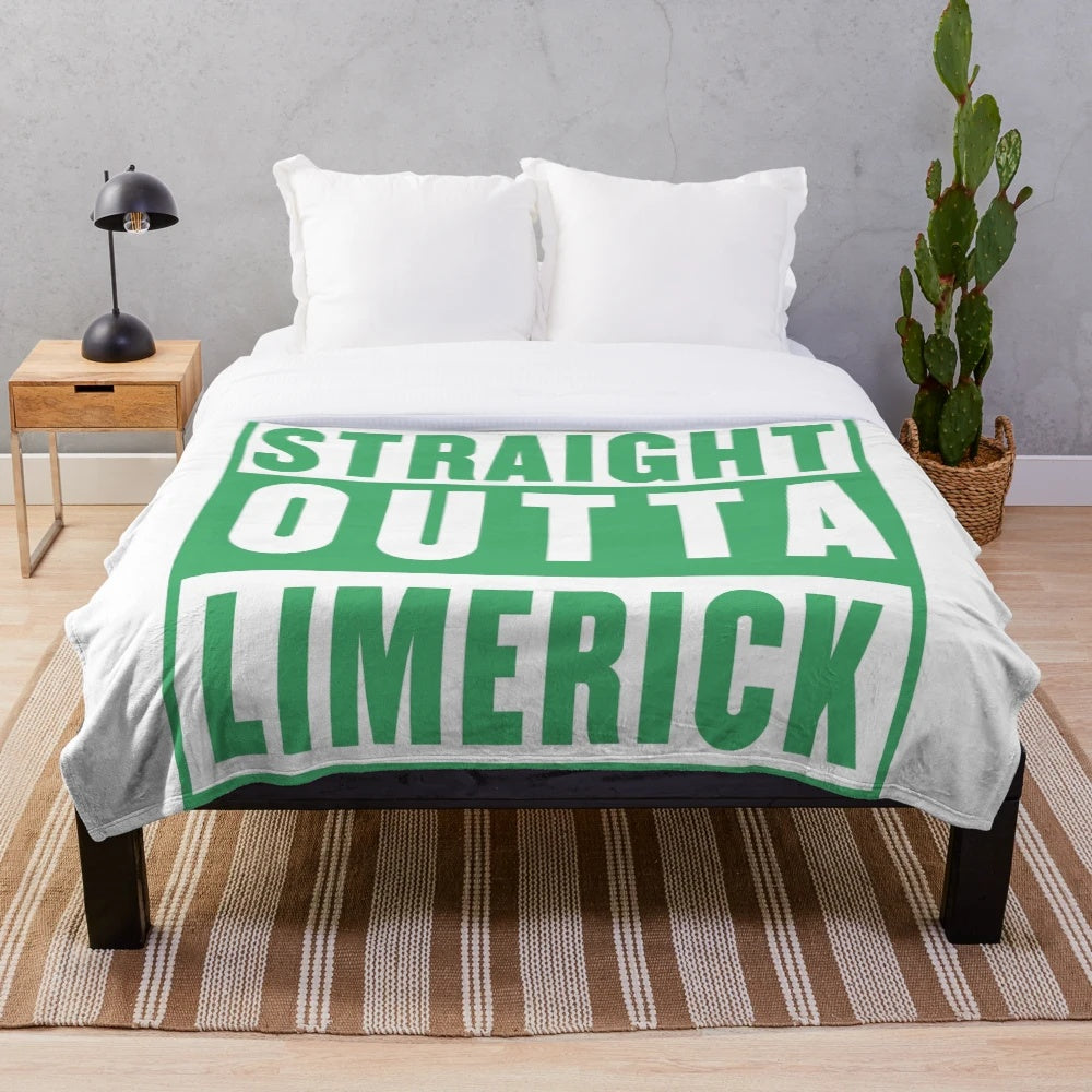 Plush green blanket with "Straight Outta Limerick" design